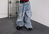 Double Waistband Drawstring Washed Blue Jeans