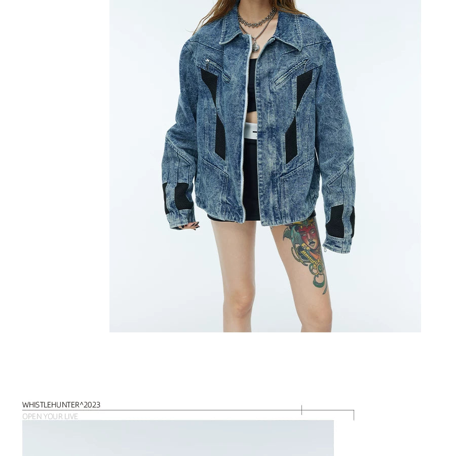 Vintage Washed Two-Tone Mesh Denim Jacket
