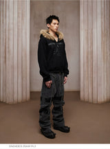 Heavy-Washed Paneled Curved Multi-pocket Cargo Jeans
