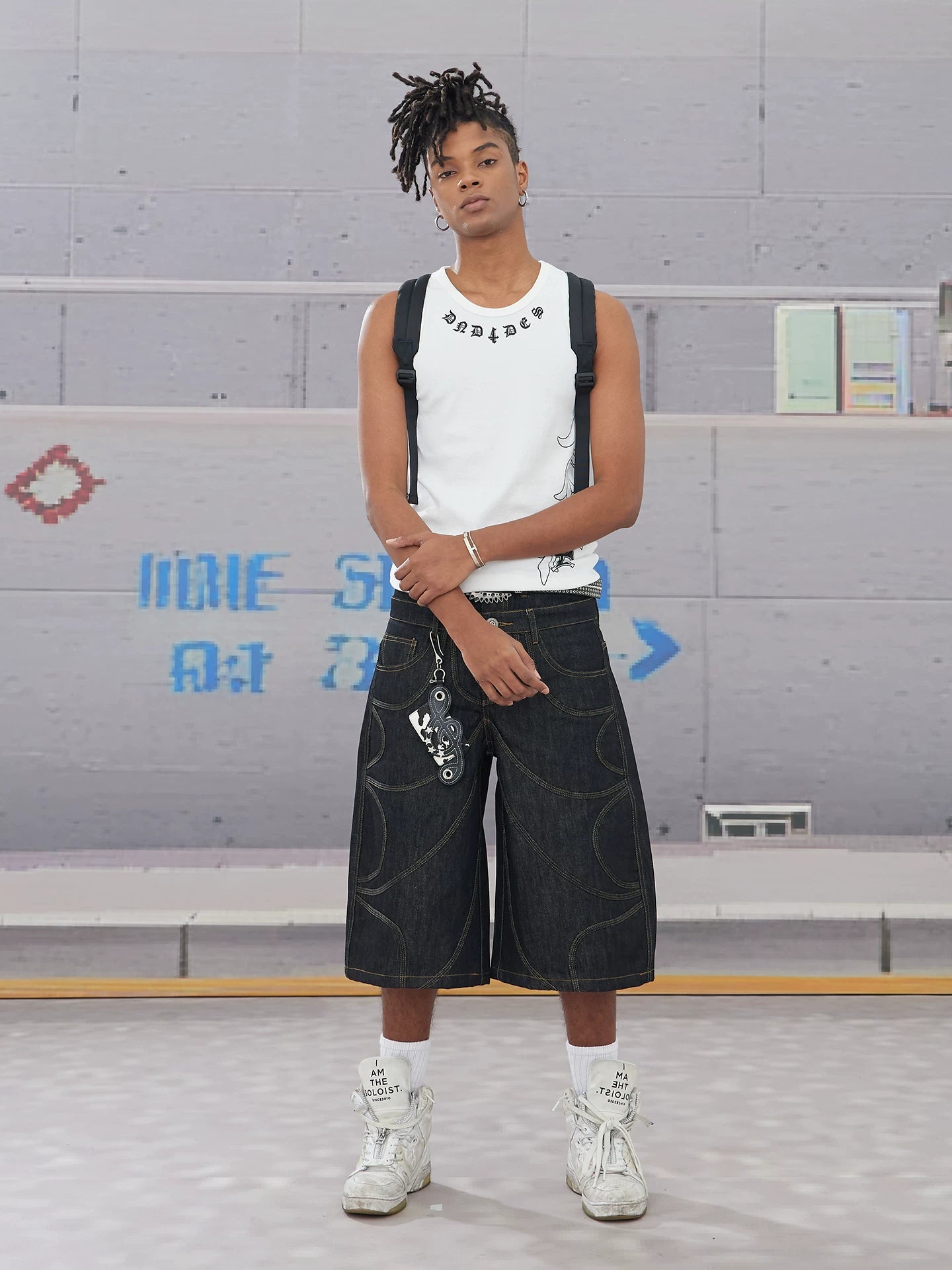 Bat Embroidered Double Waist Denim Shorts