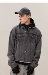 Men's Washed Frayed Collared Denim Jacket