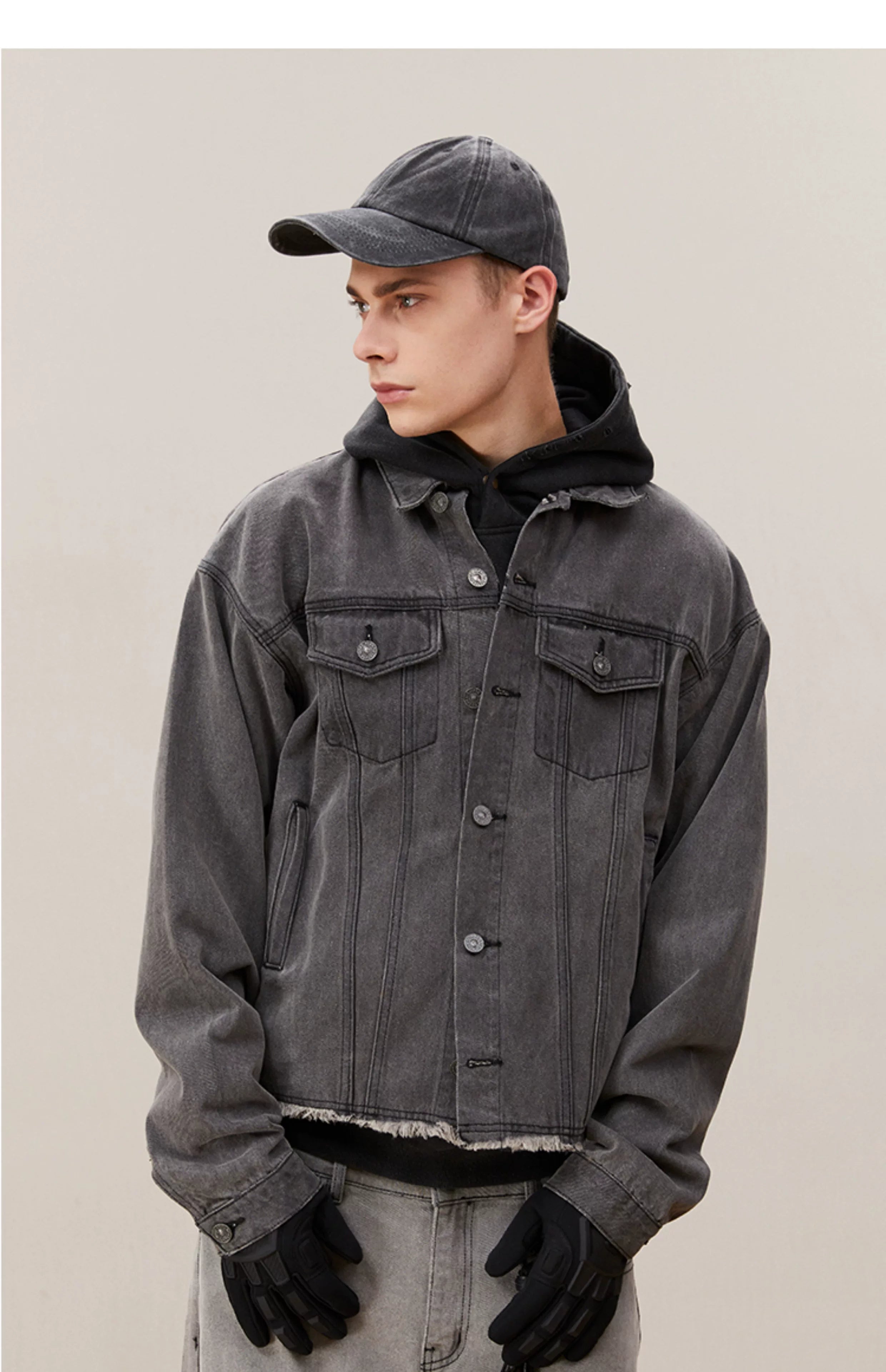 Men's Washed Frayed Collared Denim Jacket
