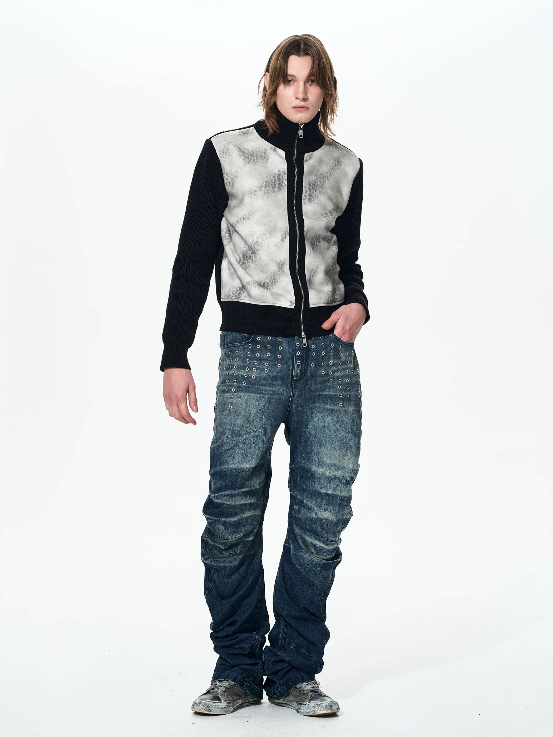 Men's Ice Blue Distressed Curved Jeans