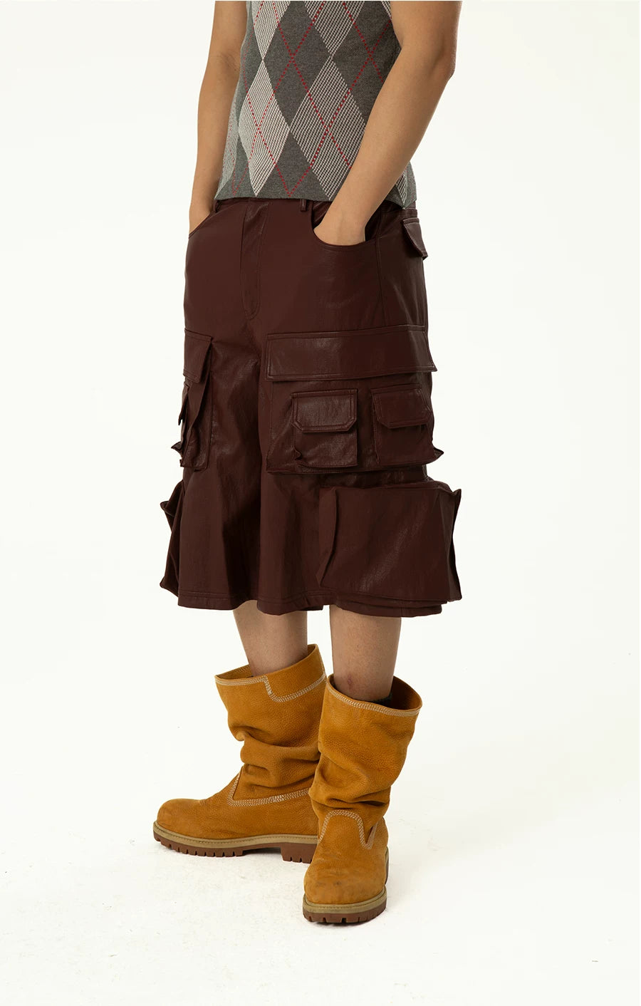 Men's Black Red PU Cargo Shorts