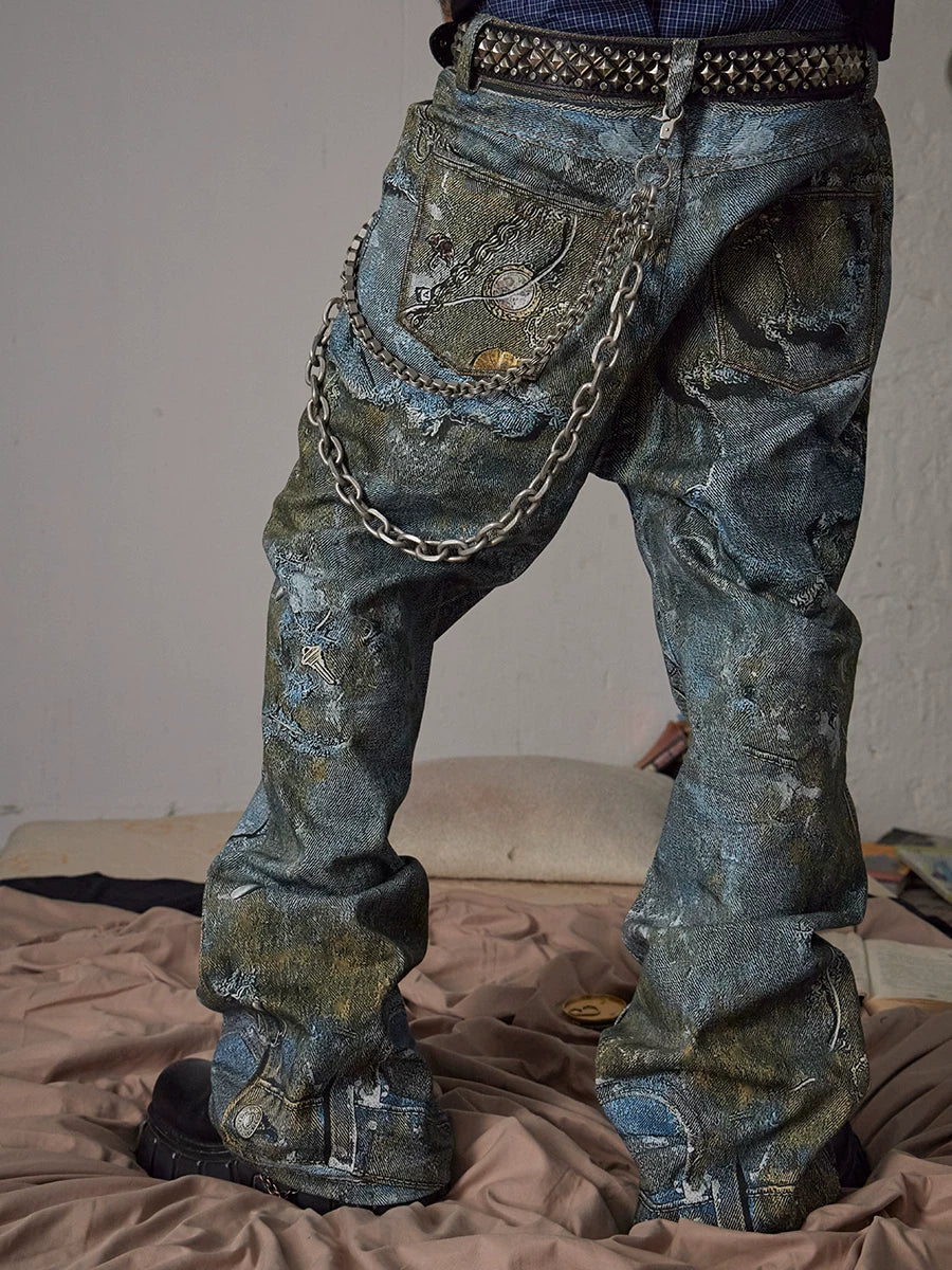 Relaxed Distressed Chain Digital Print Jeans