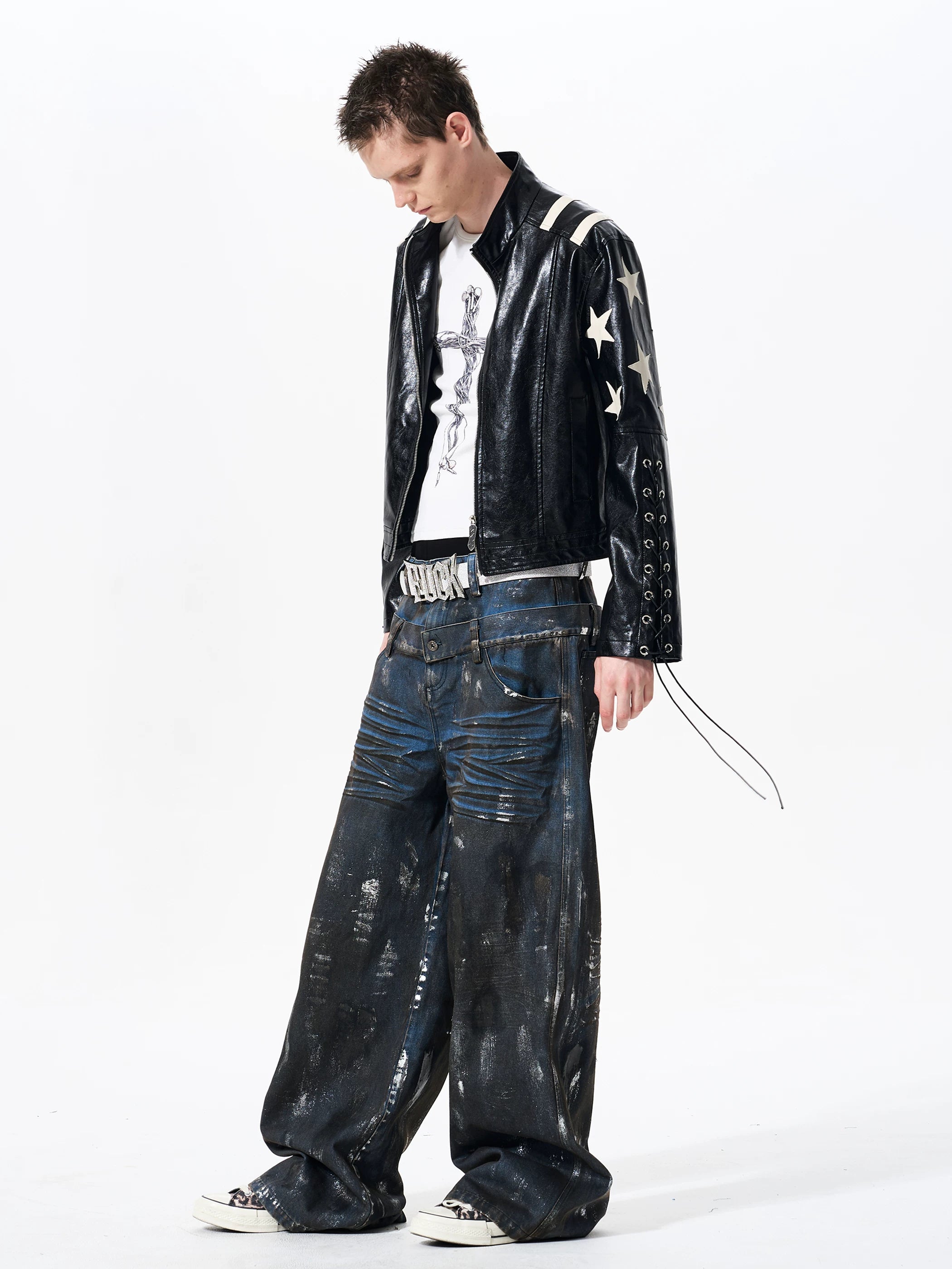 Men's Cropped Star Leather Biker Jacket