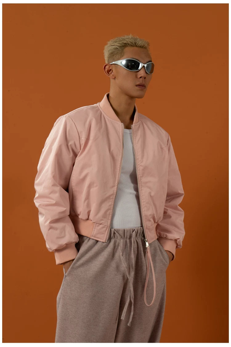Cropped Pink Brown Cotton Baseball Jacket