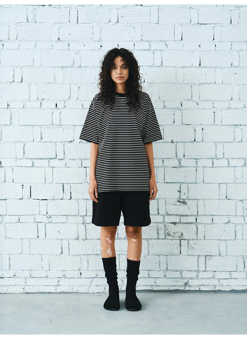 Black White Striped Cotton Silk T-Shirt