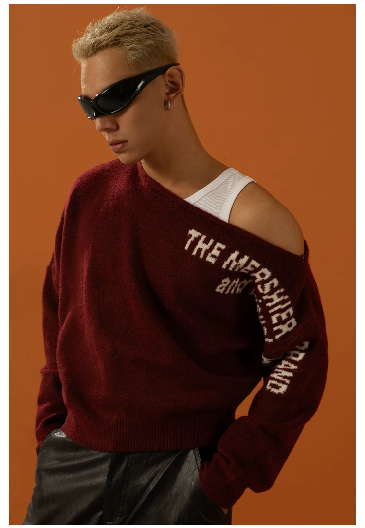 Unisex Black Red Grey Off-shoulder Sweater