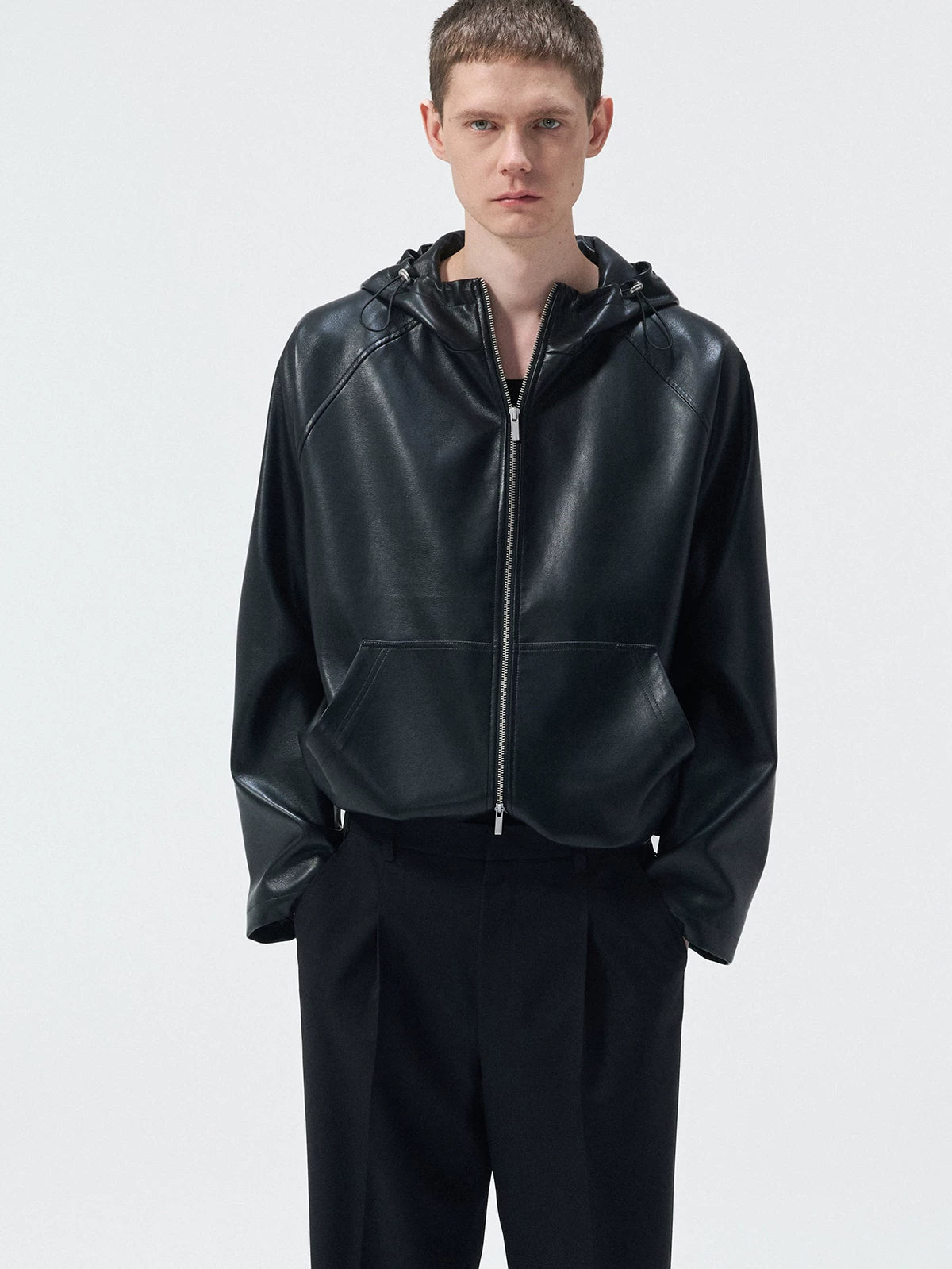 Cropped Lambskin PU Hooded Kangaroo Jacket