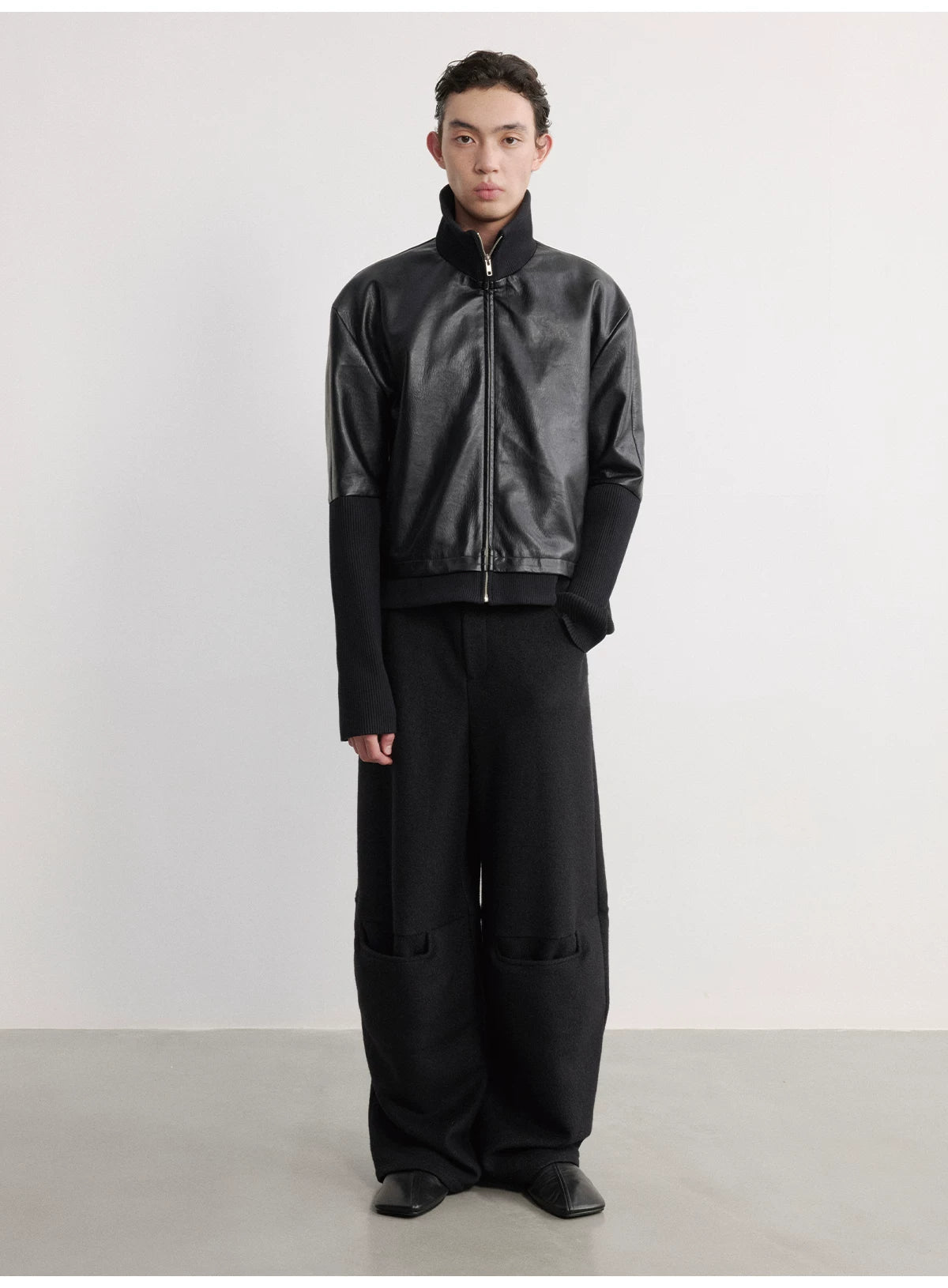 Black Ribbed Cuff Faux Leather Jacket