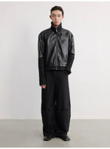 Black Ribbed Cuff Faux Leather Jacket
