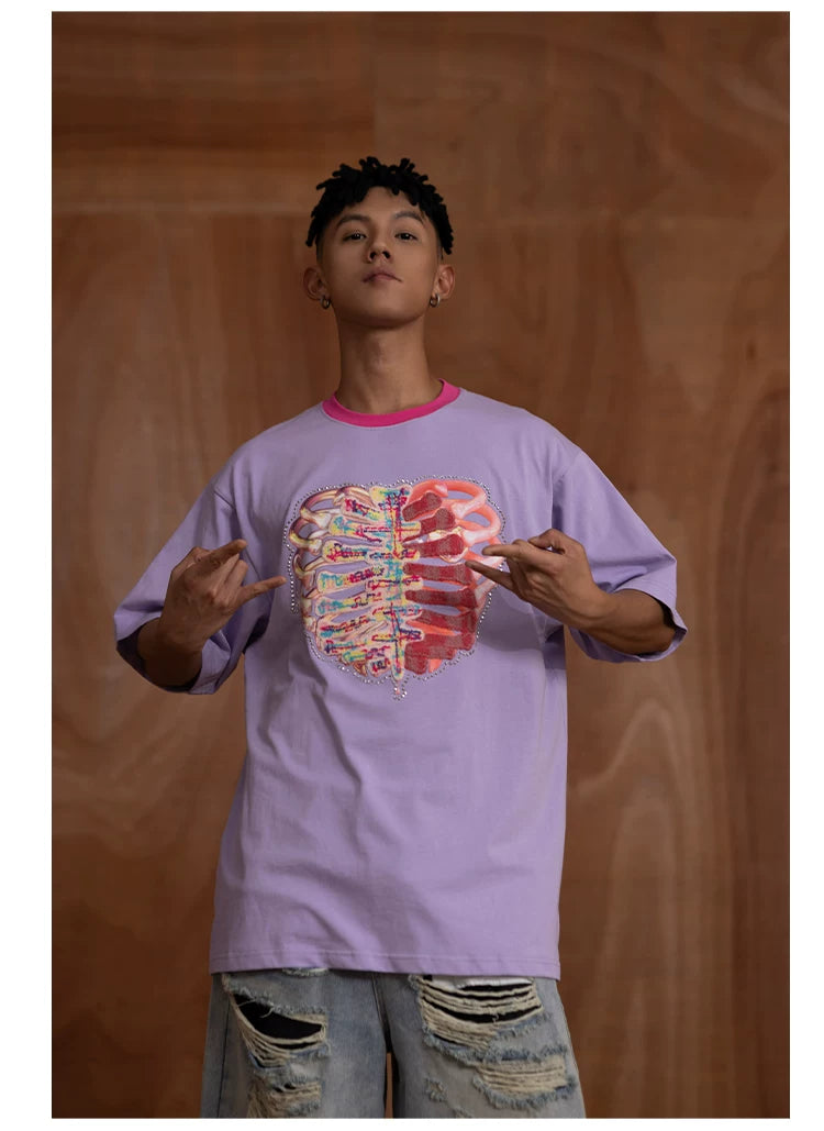 Oversized Embroidered Purple Heart Skeleton Tee