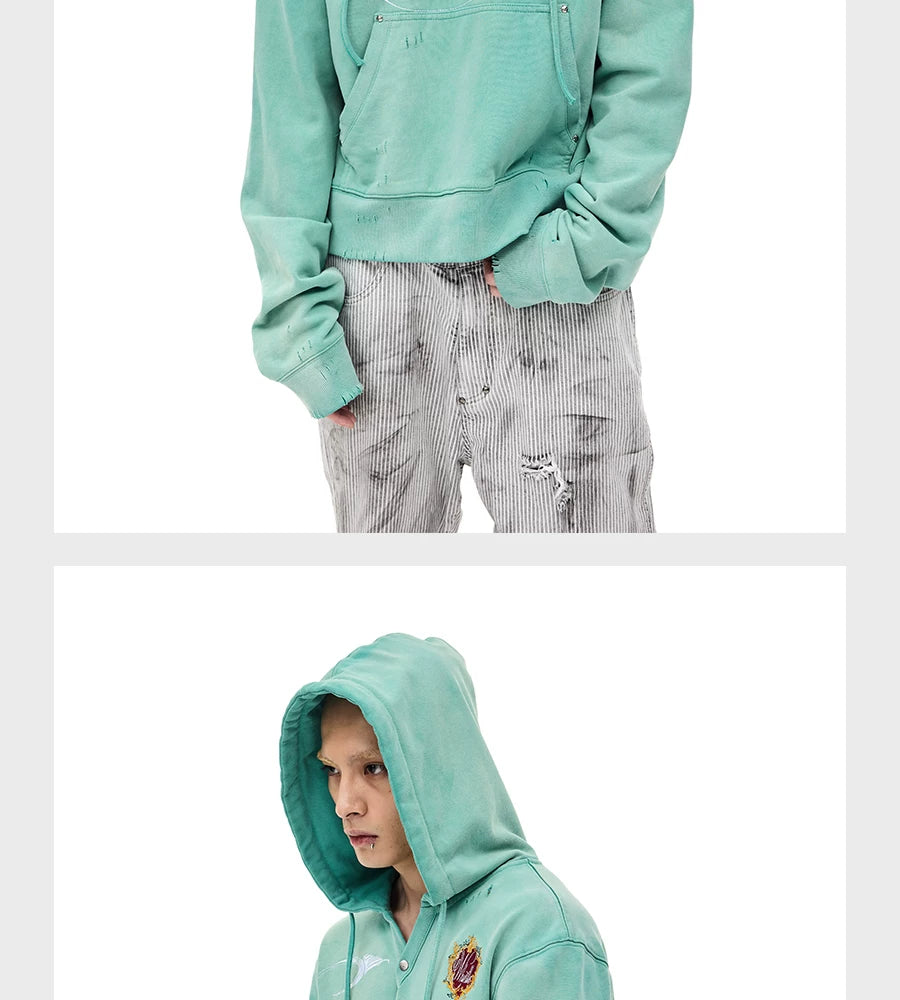 Distressed Embroidered V-Neck Cropped Wide Hoodie