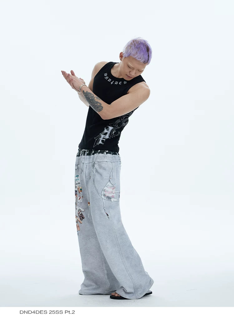Flared Digital Print Double Waistband Sweatpants