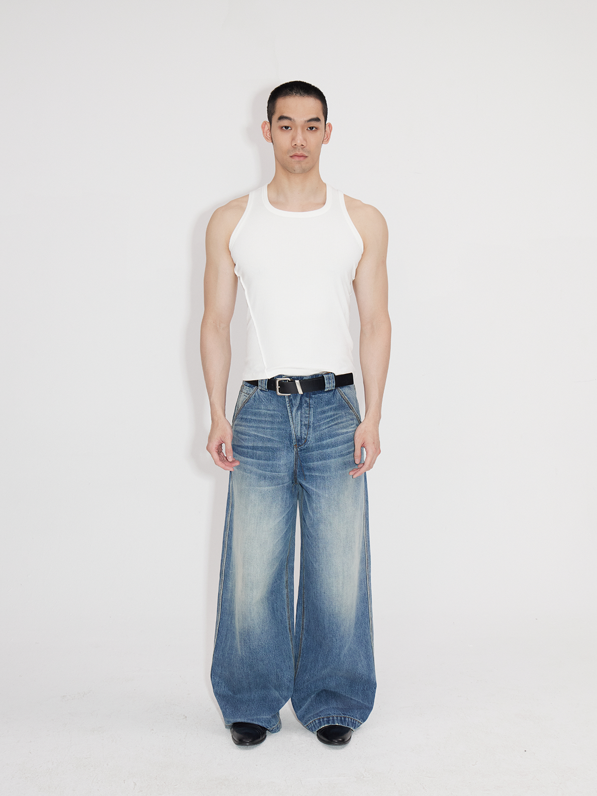 Heavyweight Natural Wash Asymmetrical Cargo Jeans