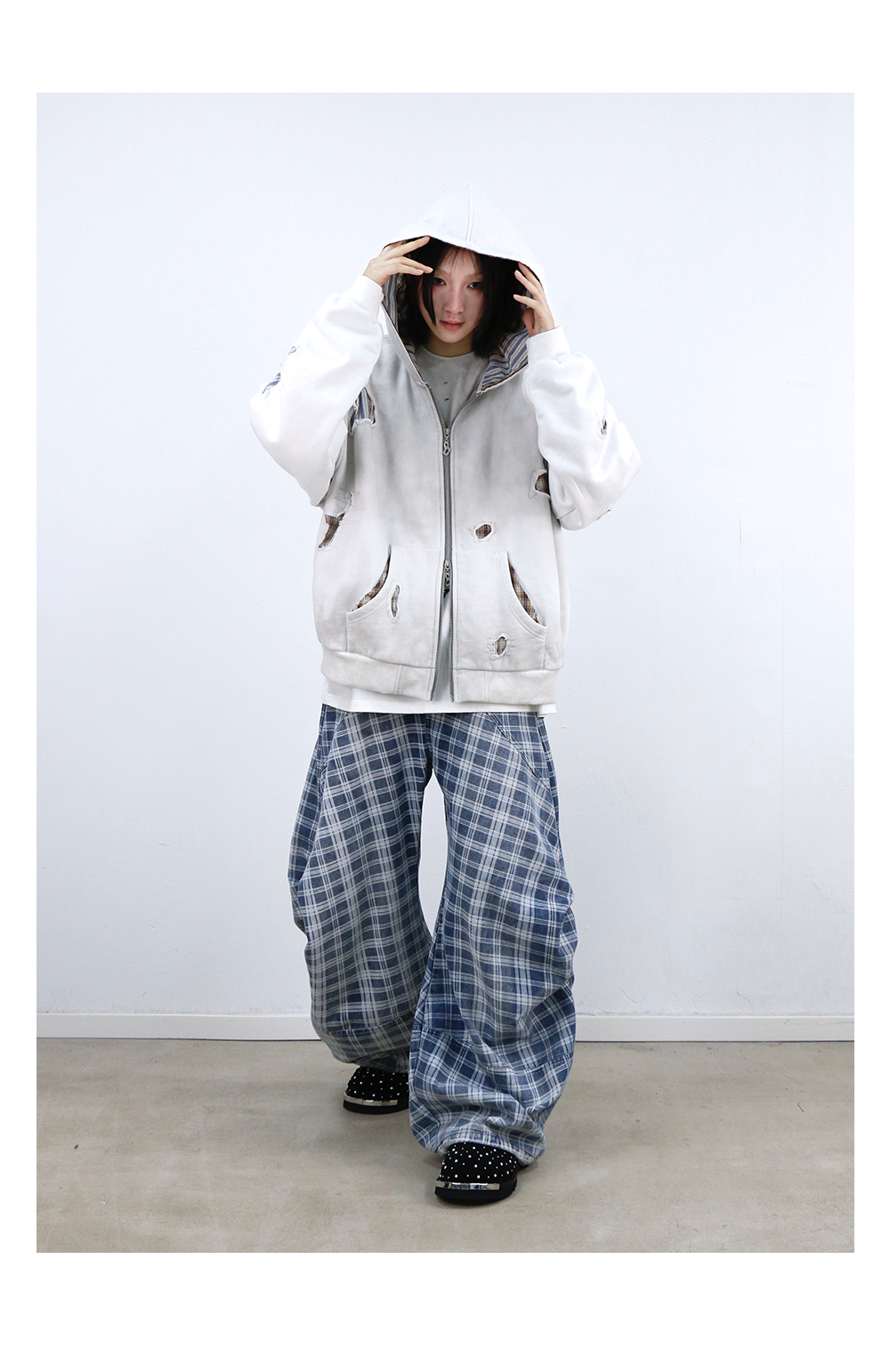 Loose Gradient Washed Plaid Print Jeans