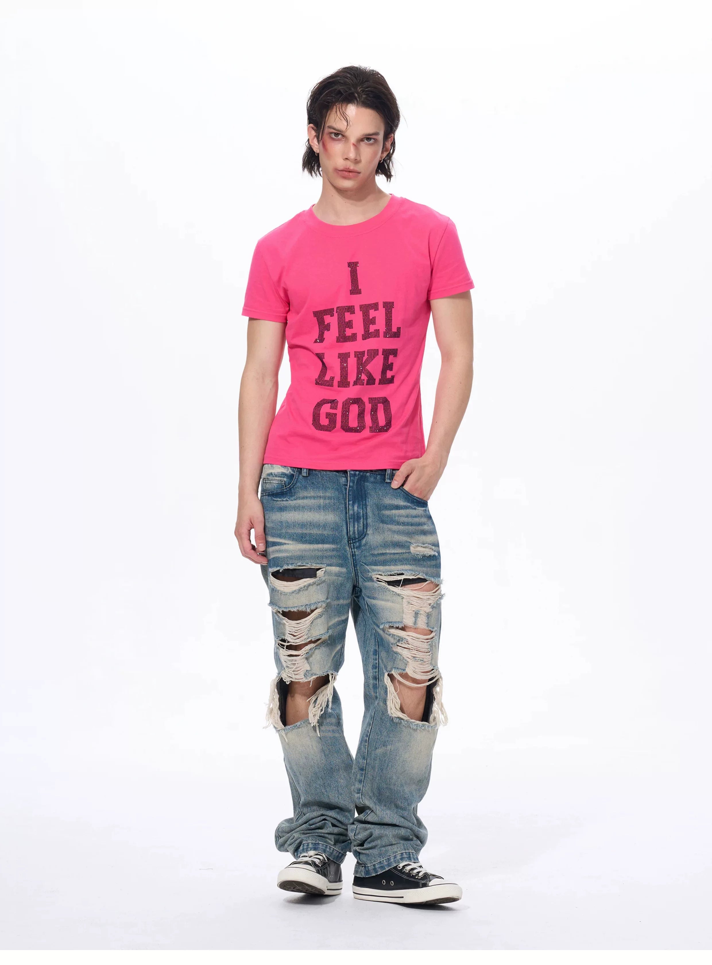 Men's Rhinestone Letter Crew Neck Tees