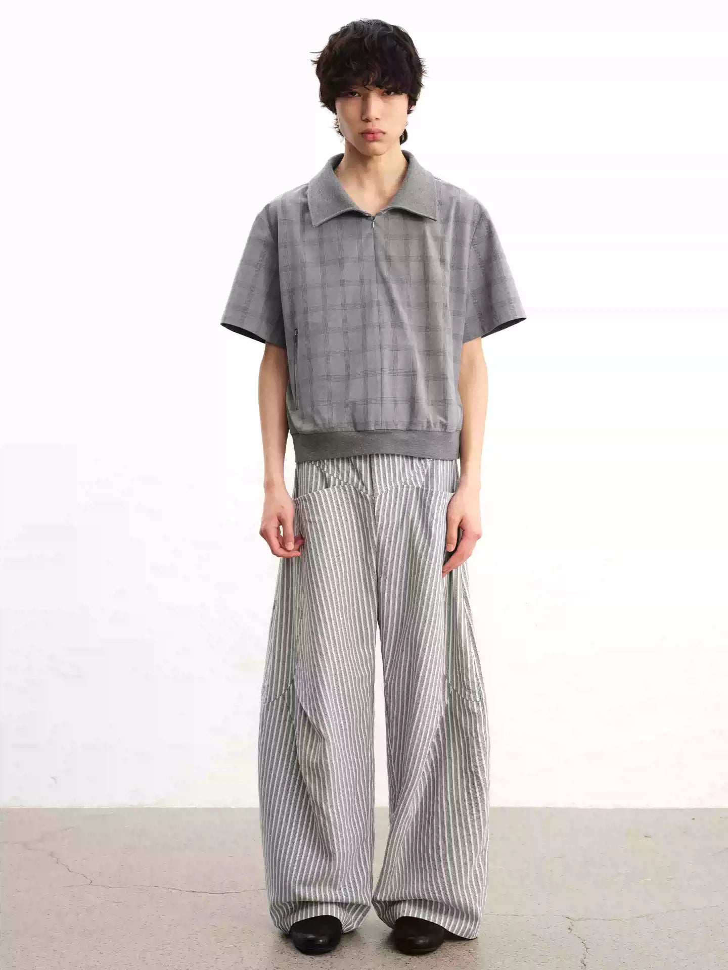 Striped Pleated Curved Hem Pants