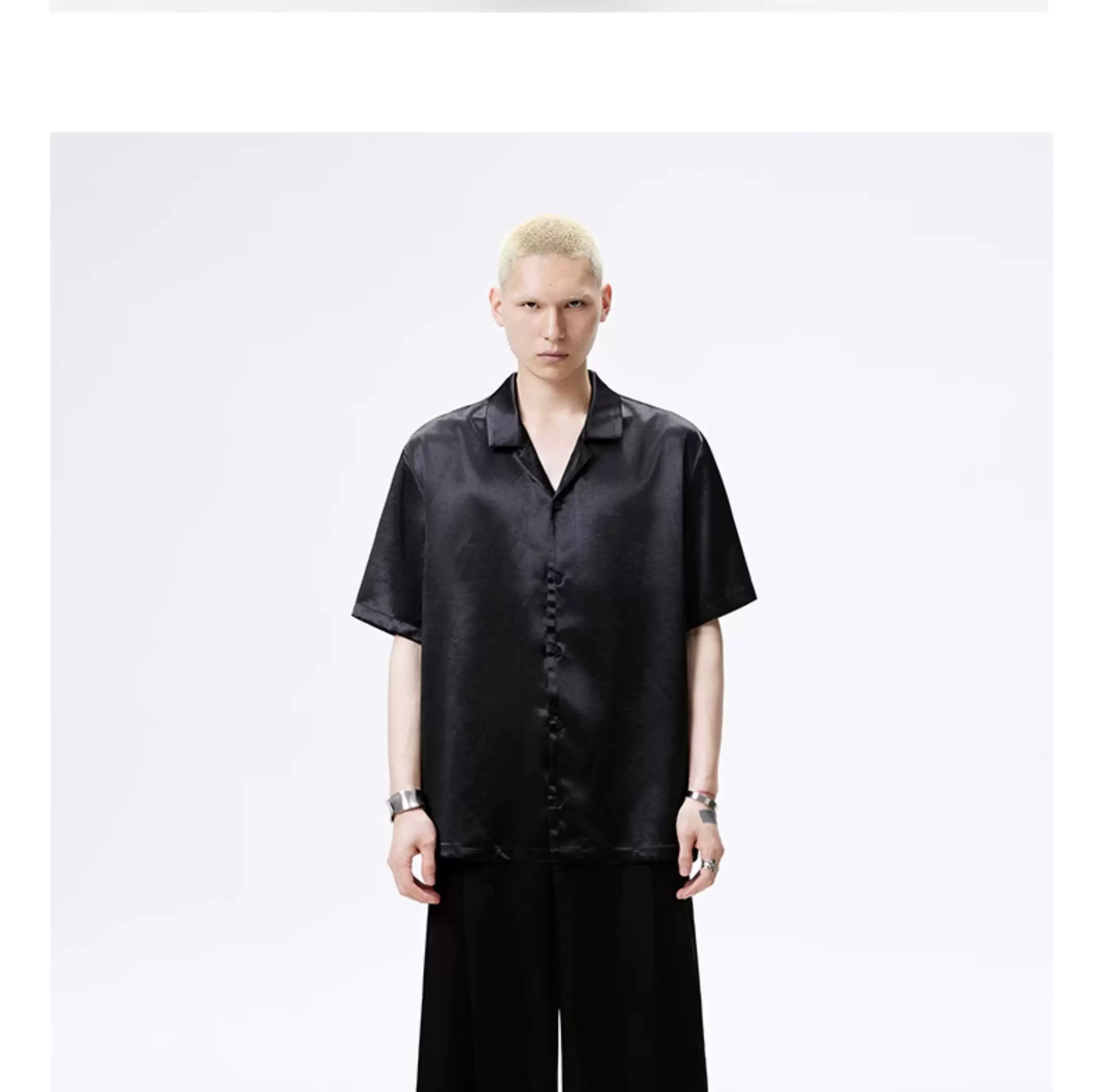 Cuban Collar Short Sleeve Satin Shirt