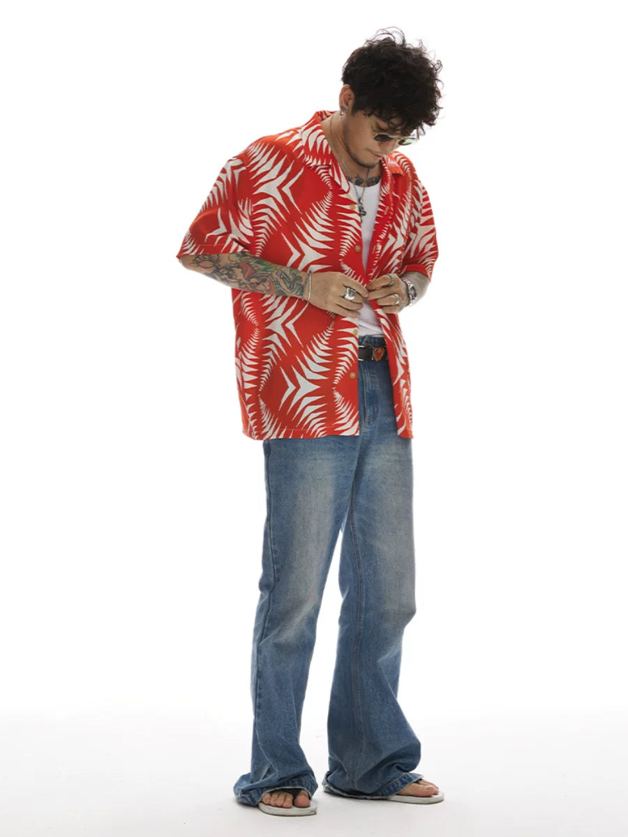 Red White Short Sleeve Cuban Shirt