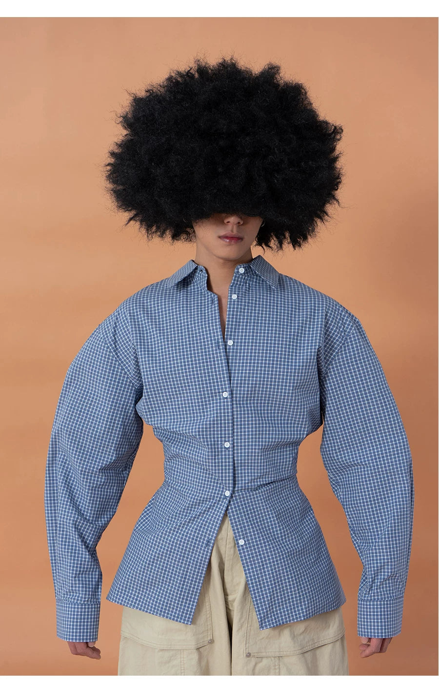 Unisex Fitted Blue Plaid Long-sleeve Shirt