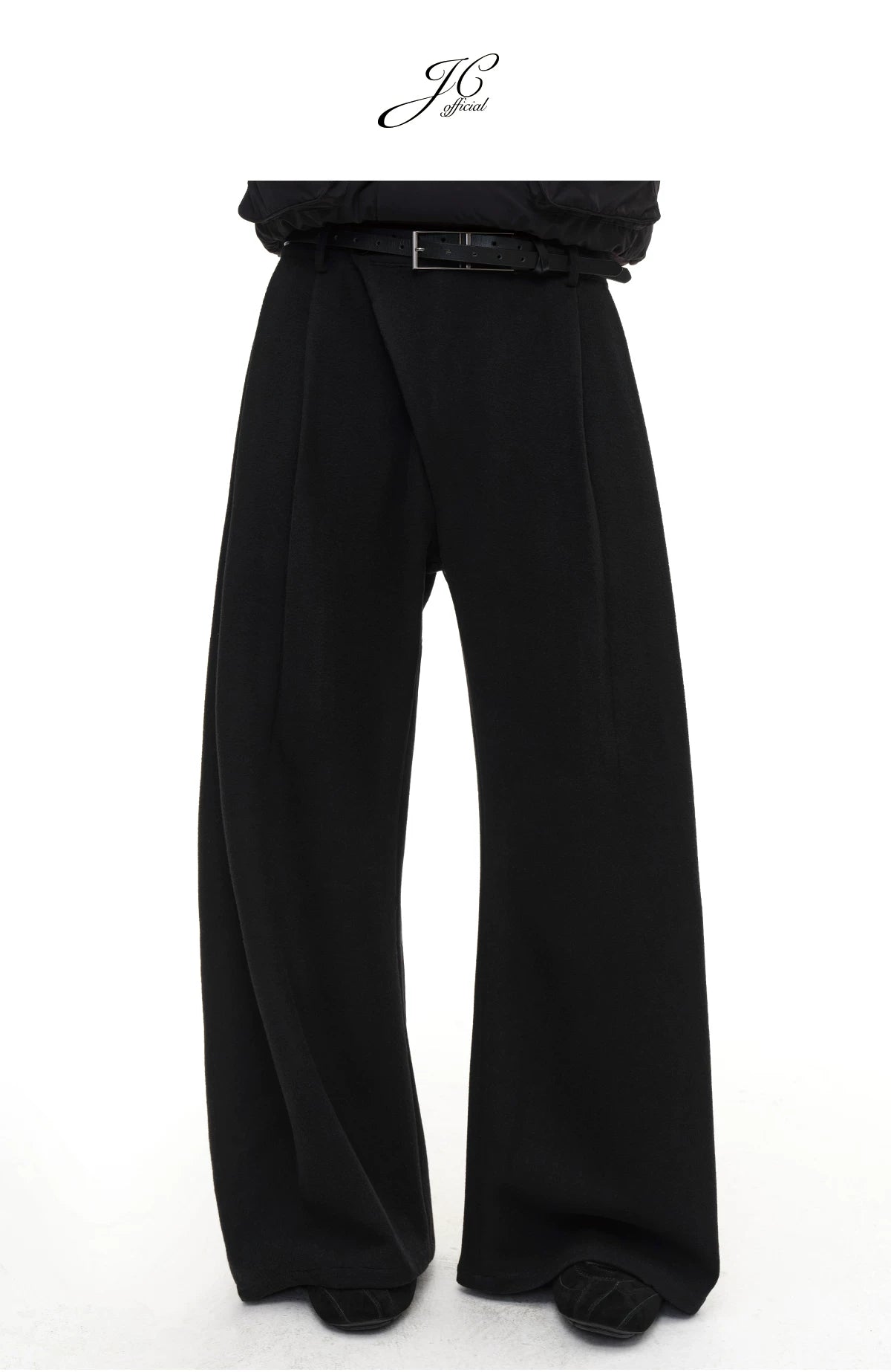 Slightly Curved Asymmetric Pleated Wool Pants
