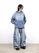 Gradient-Washed Plaid Stud Print Denim Hoodie