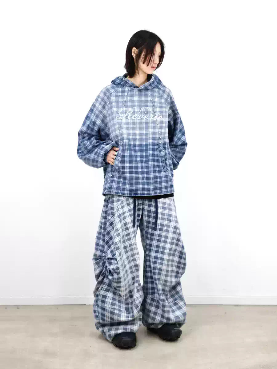 Gradient-Washed Plaid Stud Print Denim Hoodie