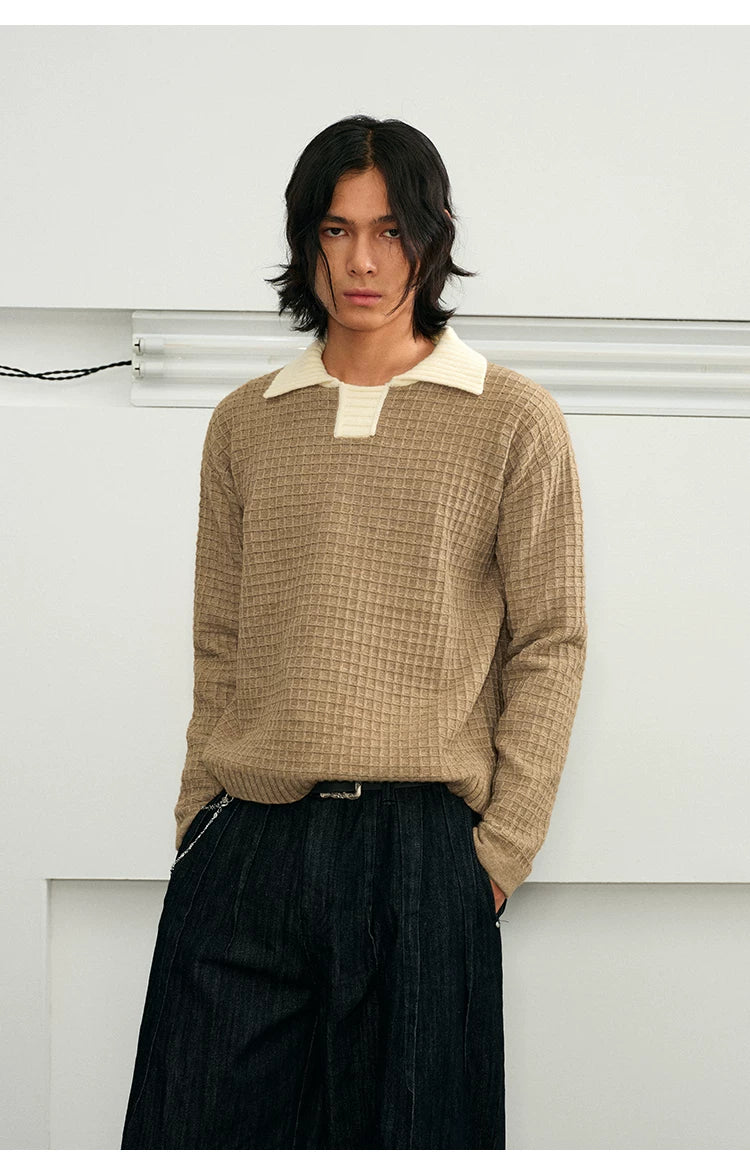 Color Block Collar Waffle Knit Sweater