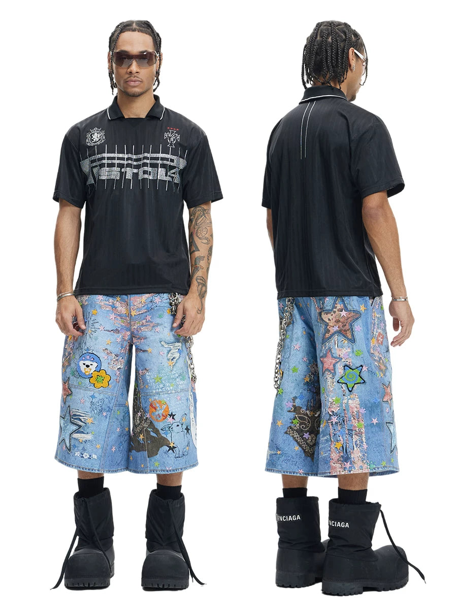 American Street Cartoon Printed Denim Shorts