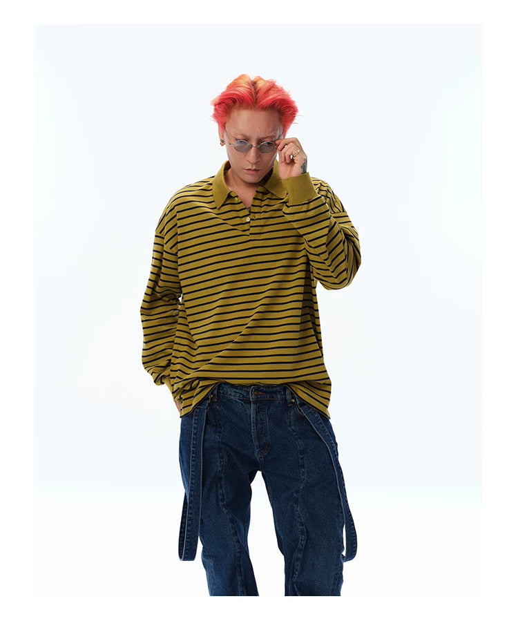 Men's Long Sleeve Striped Cotton Polo