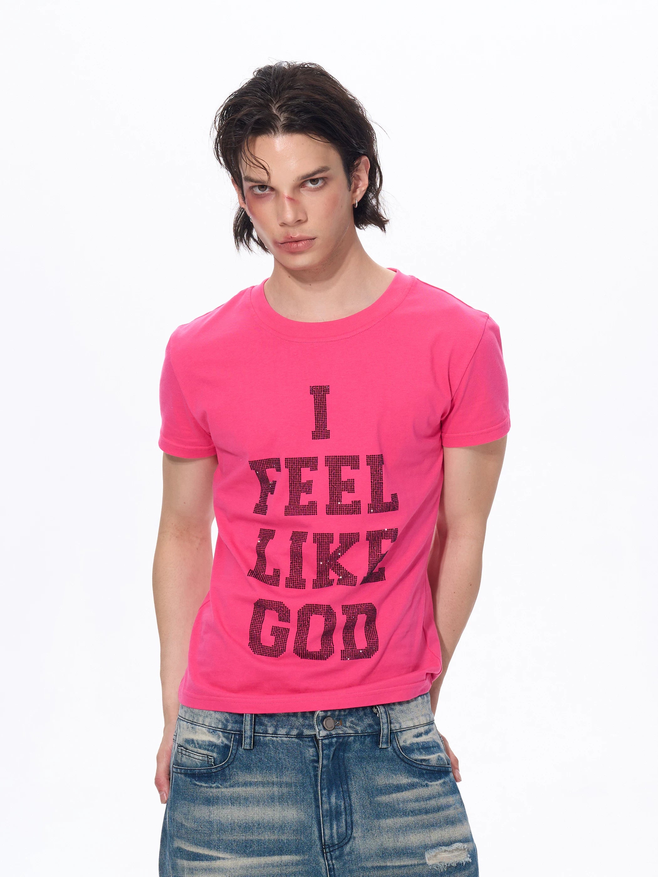 Men's Rhinestone Letter Crew Neck Tees