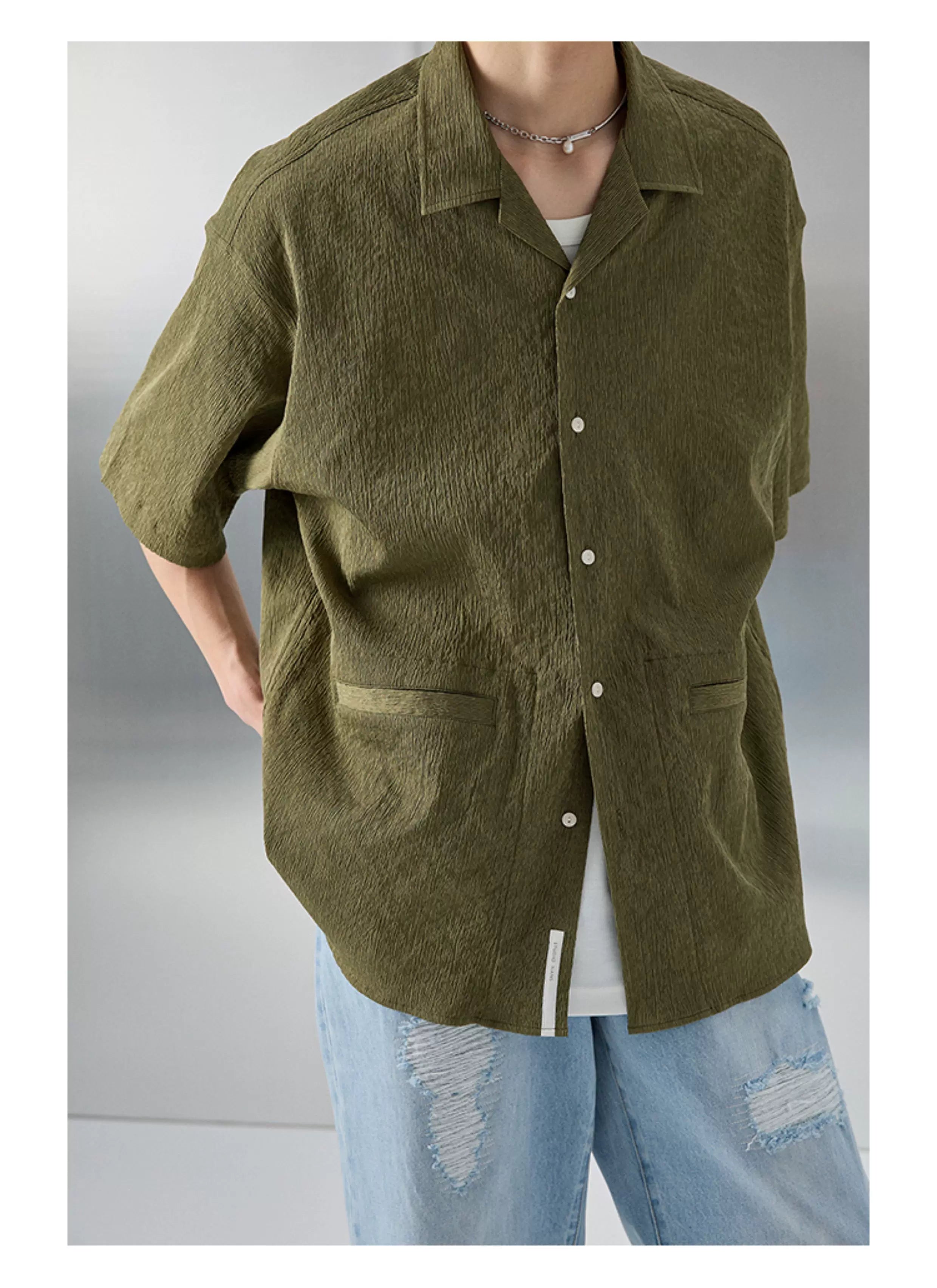Bark Textured Cuban Collar Casual Shirt