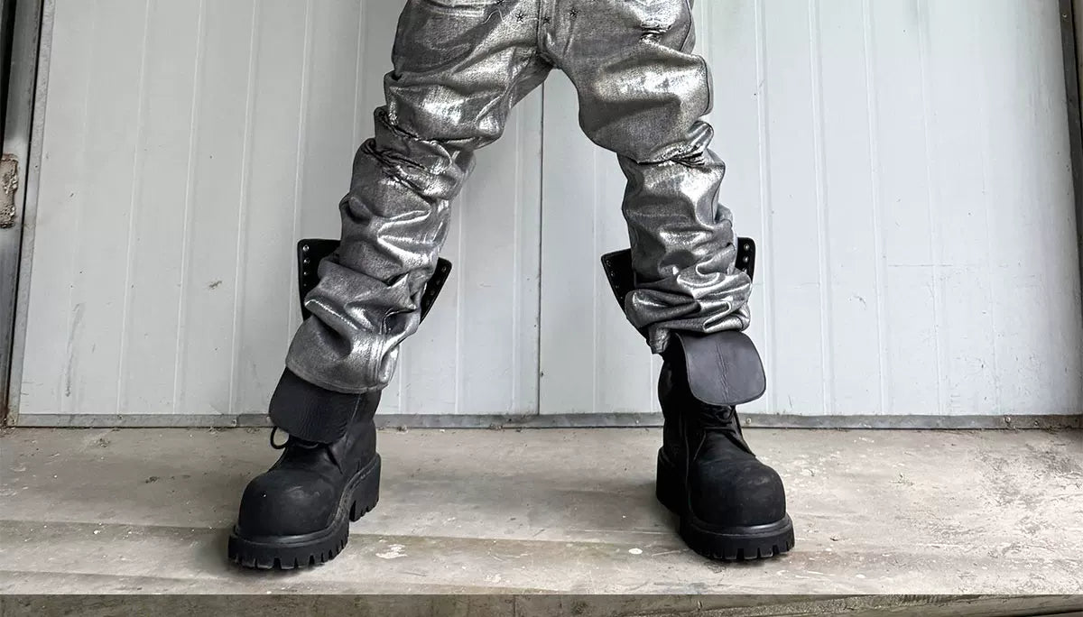 Distressed Silver Coated Embroidered Flared Jeans