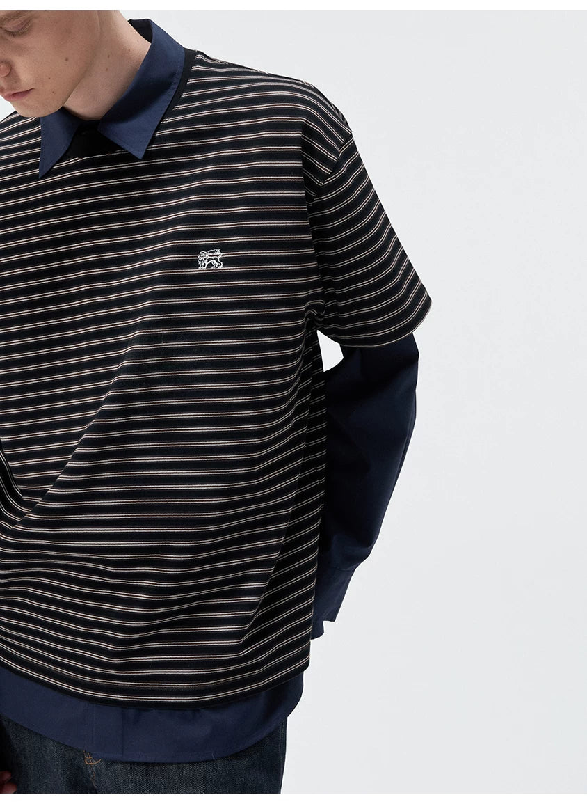 Short Sleeve Striped Embroidered Cotton Tee