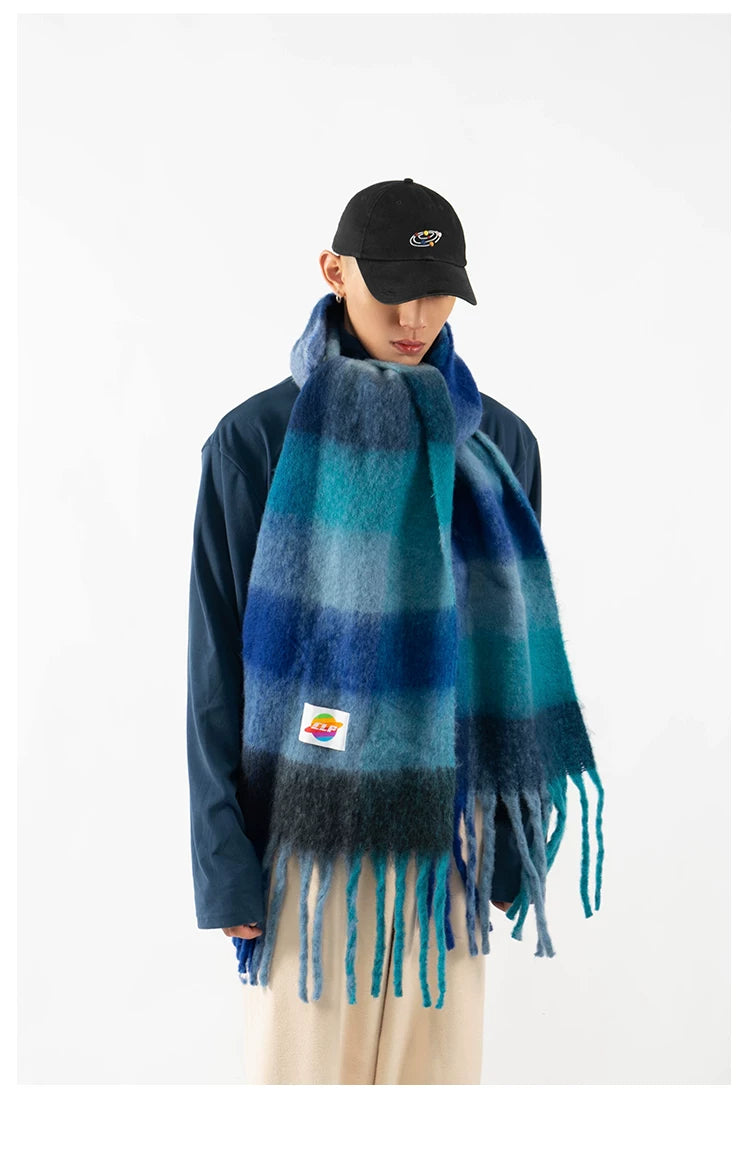 Fringed Rainbow Plaid Faux Cashmere Scarf