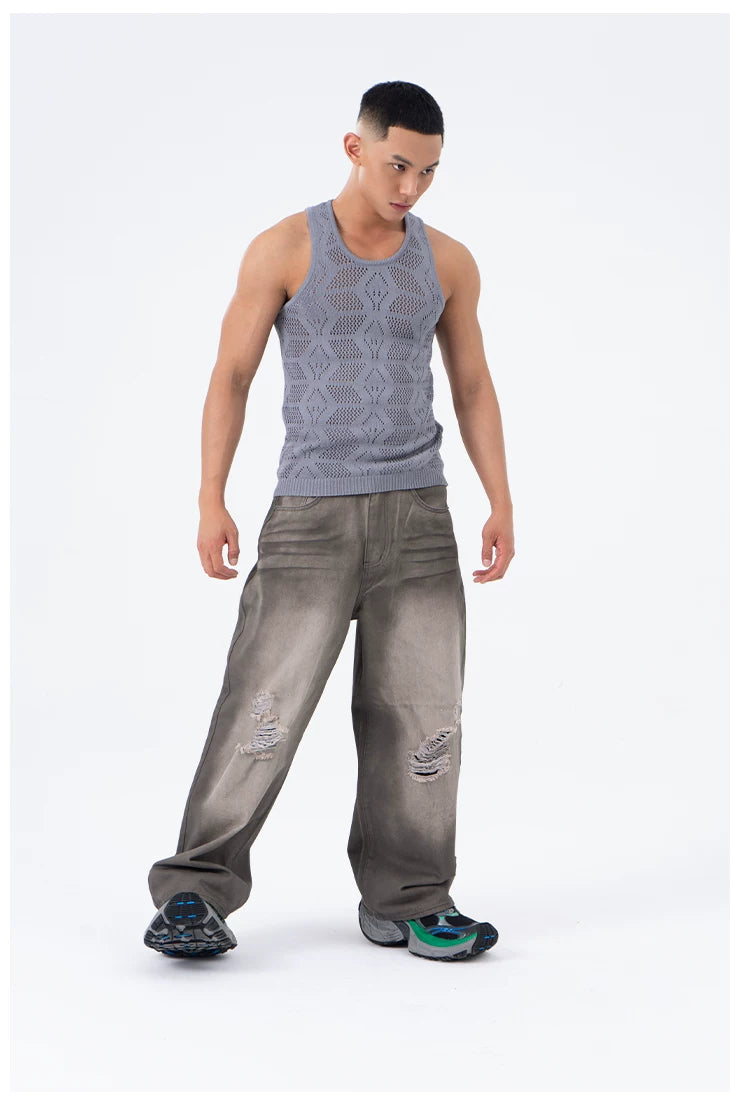 Men's Gray Vintage Distressed Wide-Leg Jeans