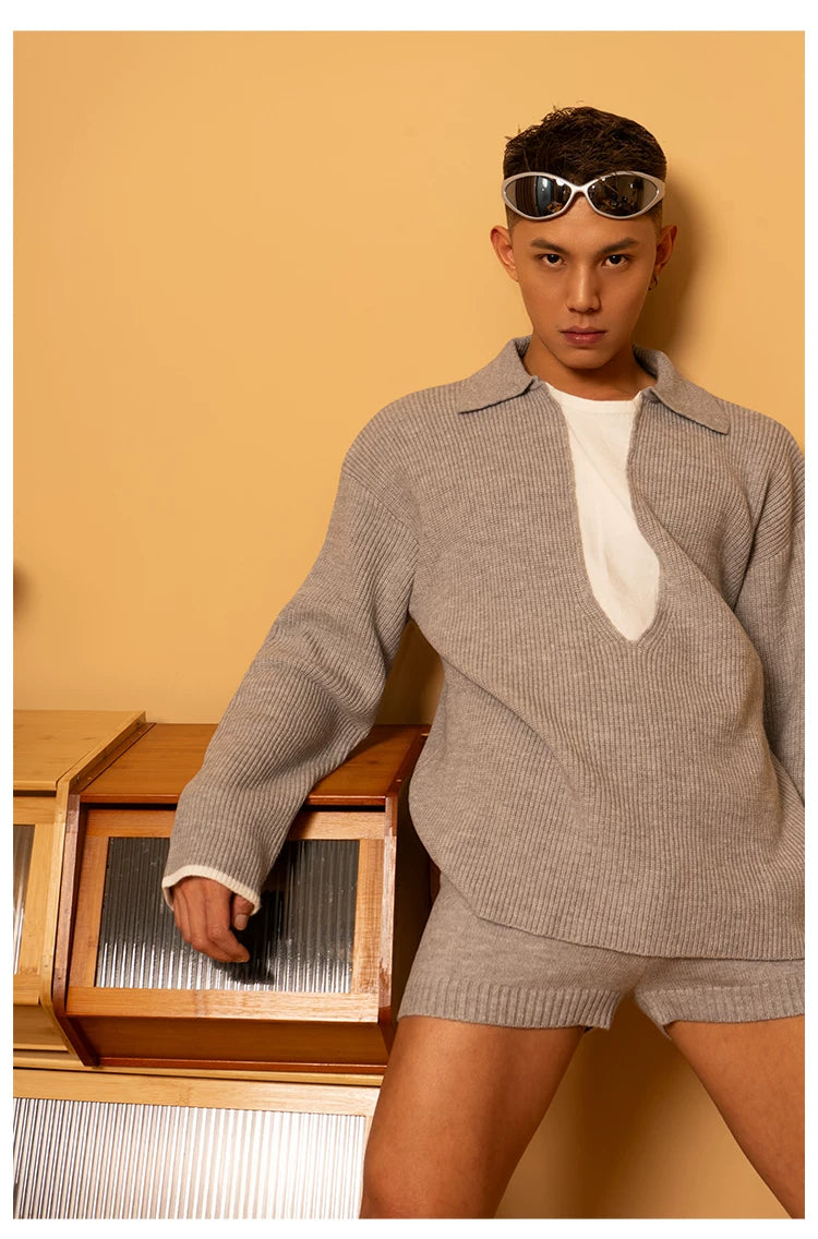 Gray Blue Navy Collar Knit Sweater