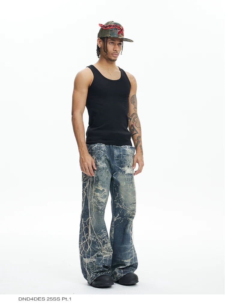 Ripped Spider Embroidered Straight Jeans
