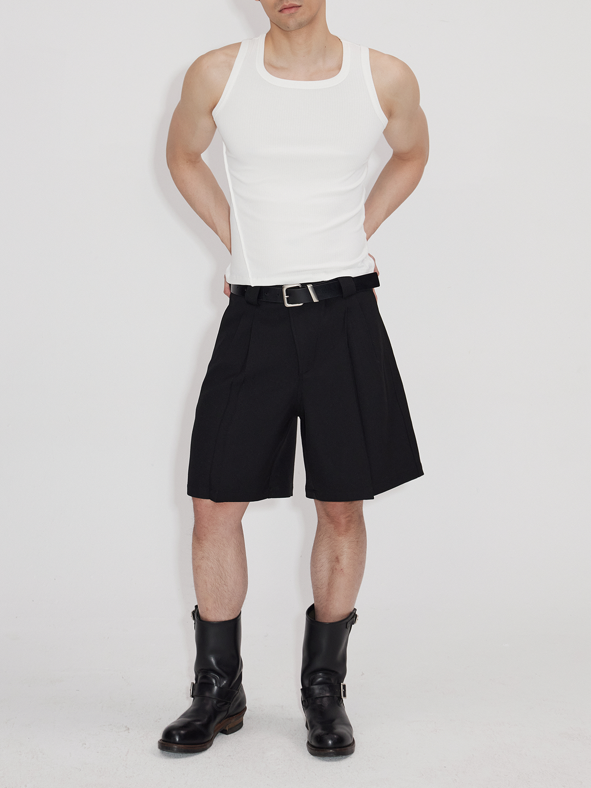 Asymmetric Placket Wool Feel Bermuda Shorts