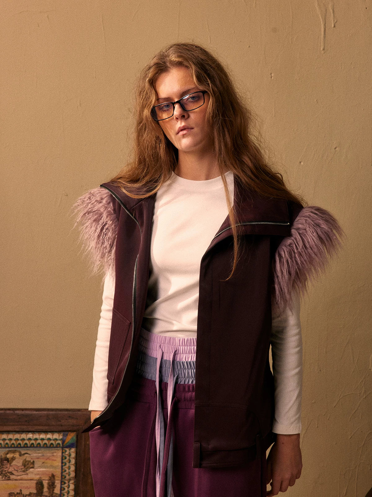 Y2K Fur-Sleeved High-Neck Zipper Vest