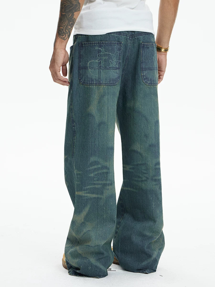 Vintage Washed Distressed Slub Flare Jeans