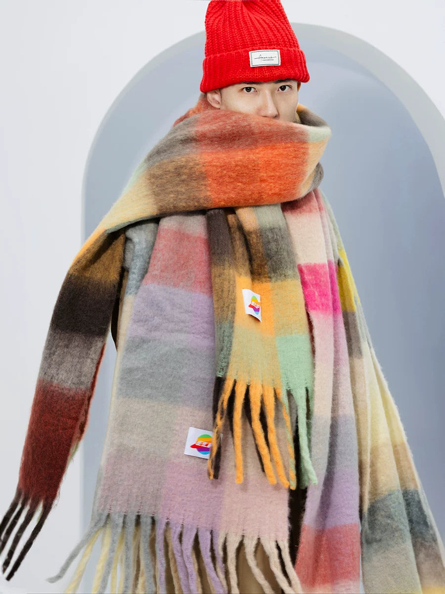 Fringed Rainbow Plaid Faux Cashmere Scarf