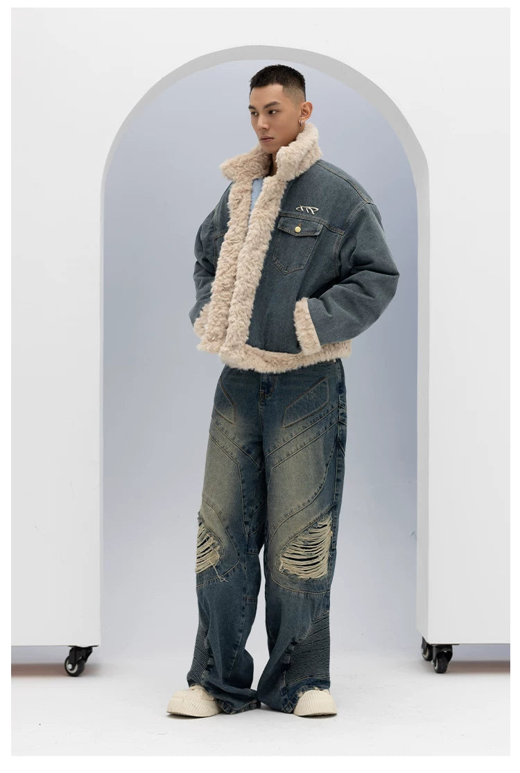 Unisex Vintage Faux Shearling Denim Puffer