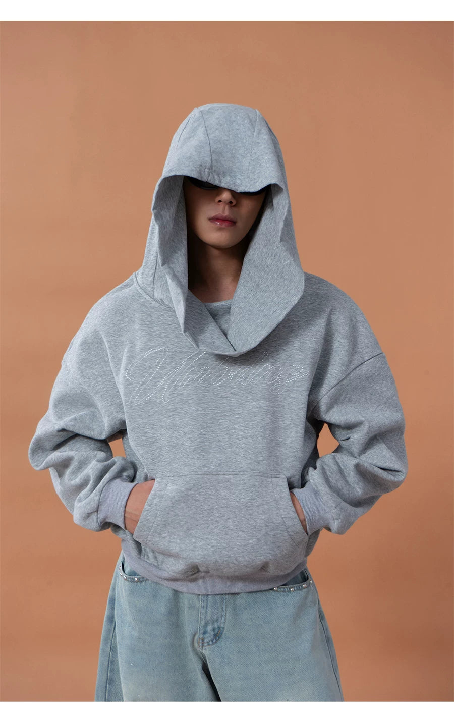 Grey Blue Unisex Letter Print Hoodie