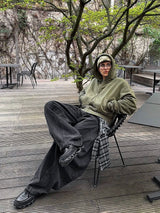 Detachable Plaid Washed Oversized Jeans