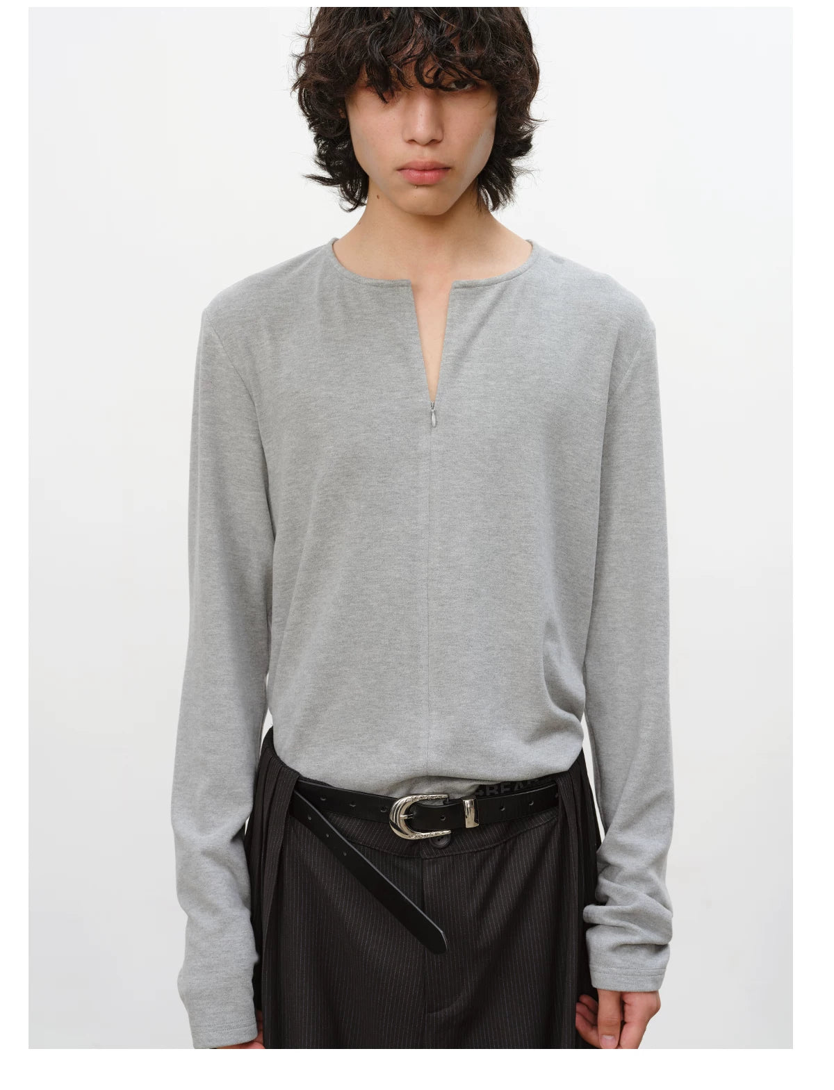 Hidden Half-zip Long-sleeve Crew Neck Top