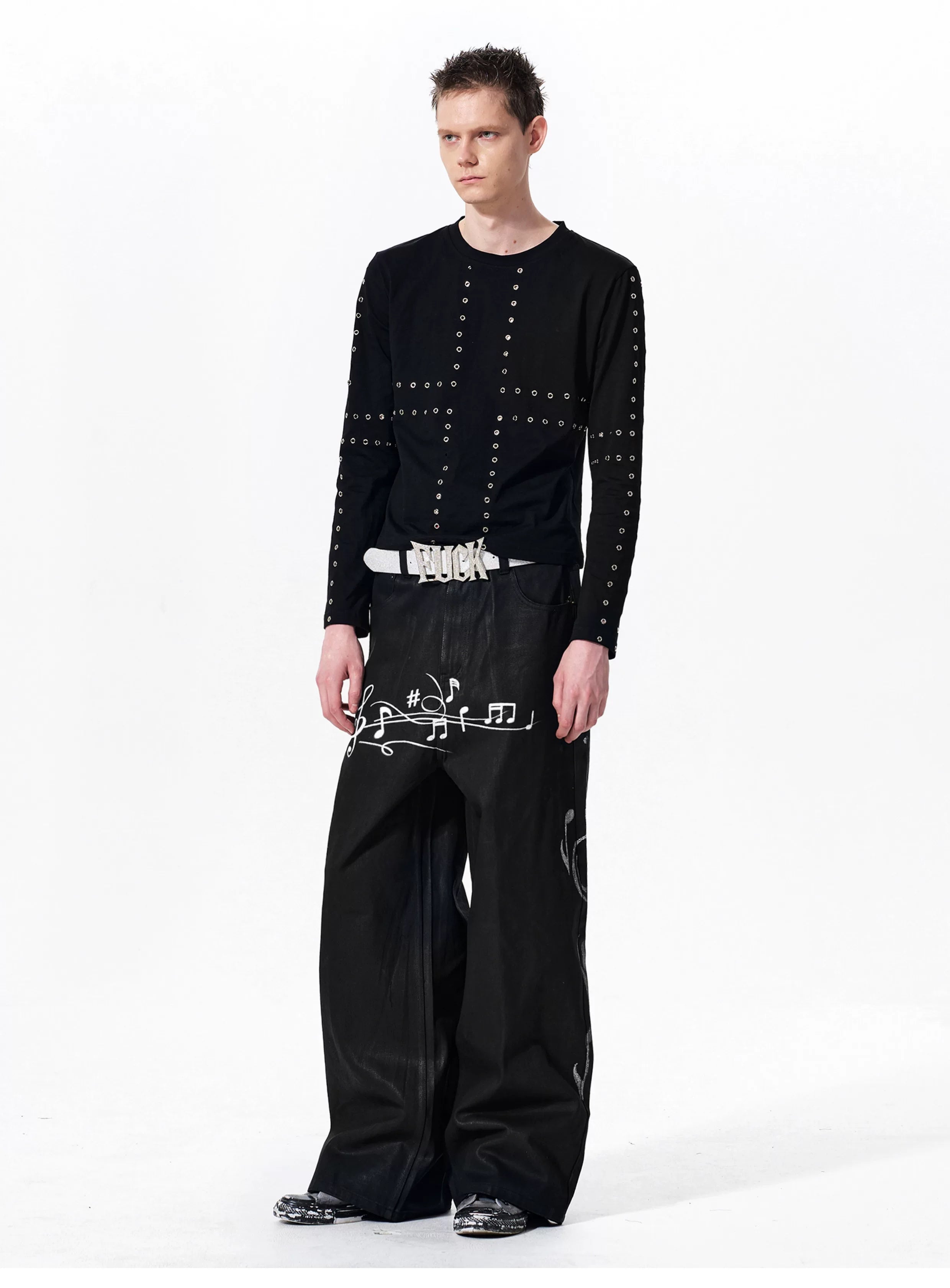 Waxed Note Print Straight Jeans
