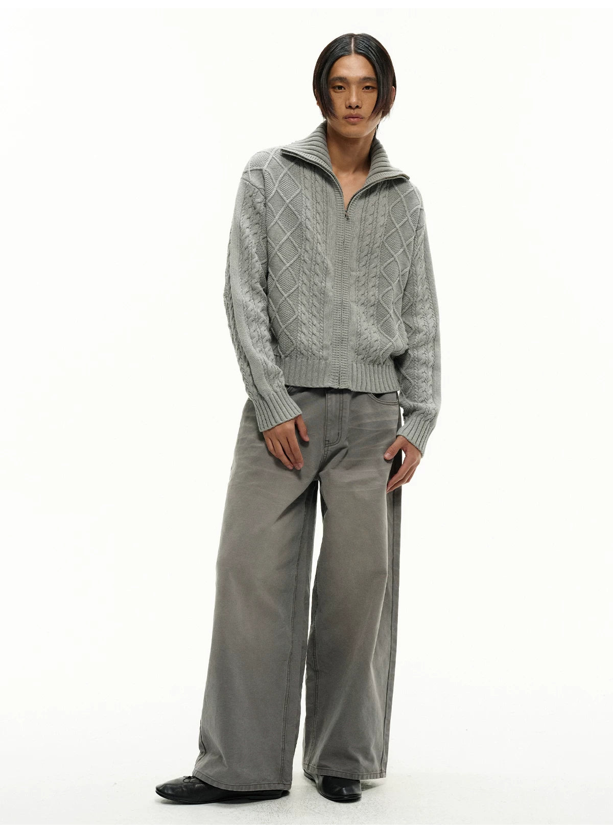 13Oz Sun-Washed Gray Distressed Wide-Leg Jeans